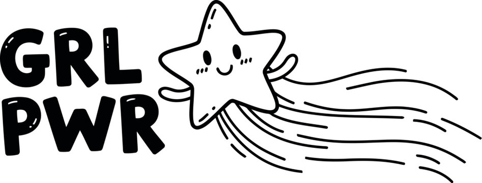 Cute cartoon star with grl pwr text and colorful rainbow trail