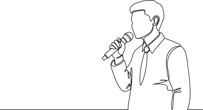Man in suit holding microphone delivering a speech in minimalist line art