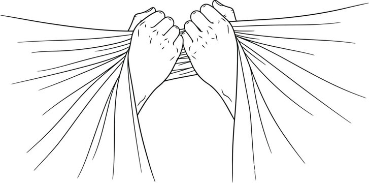 Hands grasping tightly to thin strands against a white background
