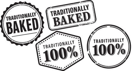Fototapeta premium Four black and white stamps and badges with text reading TRADITIONALYBAKED' and '100%' on a white background Keywords
