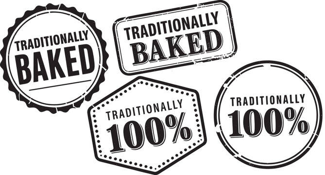 Four black and white stamps and badges with text reading TRADITIONALYBAKED' and '100%' on a white background Keywords