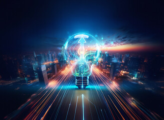 Fototapeta premium Double exposure art featuring a light bulb shape made of glowing