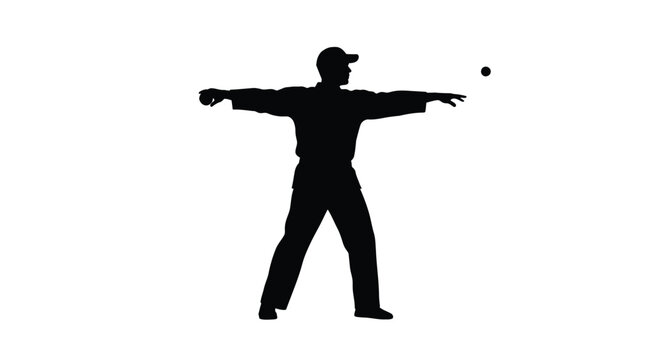 Silhouette of a man playing bocce ball, throwing a ball with his right hand