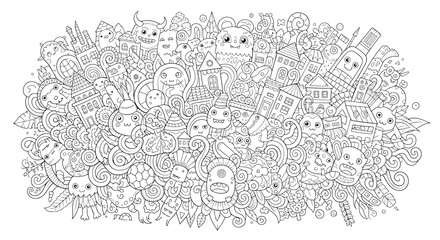 Doodle art background with cute monsters and houses, handdrawn black and white coloring page for kids and adults, whimsical cartoon city landscape illustration © Hikari Vector Studio