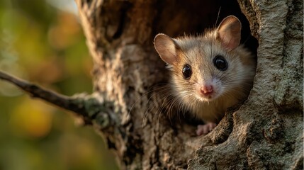 Obraz premium Curious Rodent Peeking from Tree Hollow