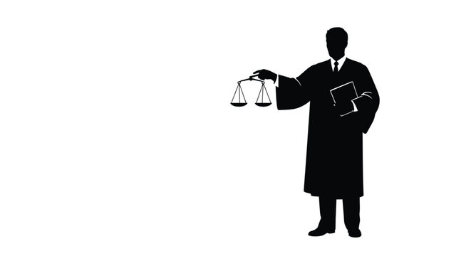 Silhouette of a judge in a robe holding a scale of justice and a legal document