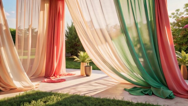 Heres the expanded metadata  Soft pastel peach mint sheer fabric drapes filter warm sunlight as they gently fall across the exterior walls of a ser