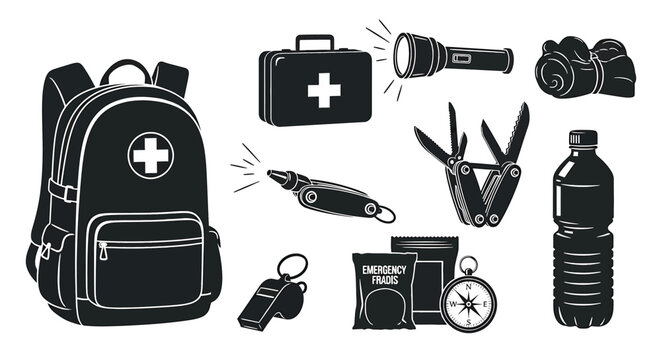 Emergency survival kit icons set backpack, first aid kit, flashlight, blanket, multitool, whistle, food ration, compass and water bottle
