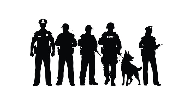 Silhouettes of police officers and a k9 unit