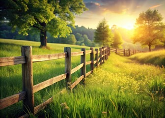 Fototapeta premium A vintage wooden fence standing sentinel in a lush green meadow