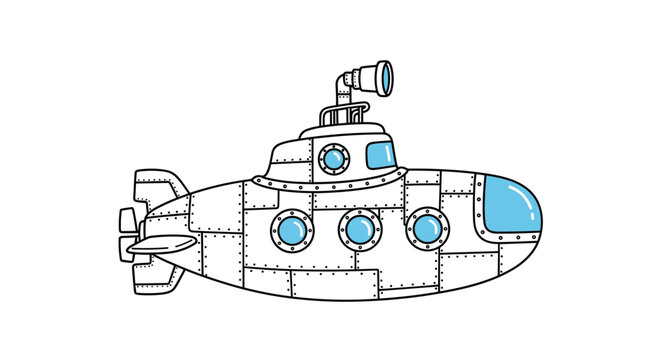 Cartoon style illustration of a white submarine with blue portholes and a periscope navigating through underwater depths for exploration.