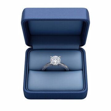 Diamond engagement ring in blue jewelry box isolated on transparent background