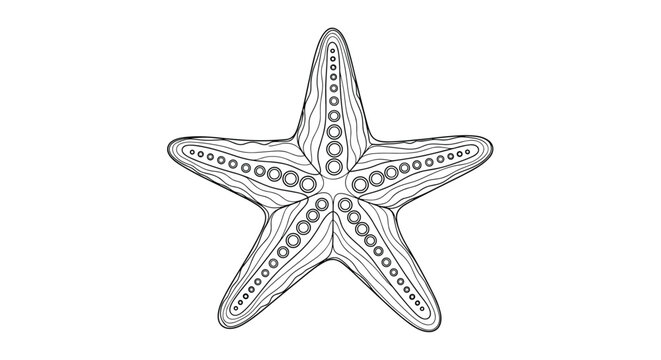 Detailed line drawing of a five pointed starfish showing the intricate textures and patterns on its surface for marine life studies.