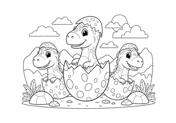 Cute baby dinosaurs hatching from eggs, coloring page for kids, cartoon prehistoric animals, vector illustration © Hikari Vector Studio
