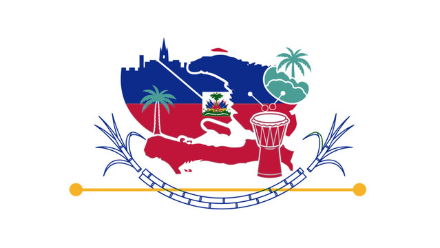 Graphic illustration of the Haitian coat of arms with a blue sky, palm trees, and a red drum on a white background.