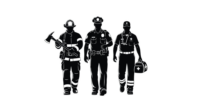 Silhouette of a firefighter, police officer, and paramedic walking together, representing first responders and emergency services