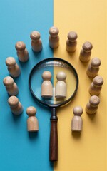 Obraz premium Wooden figures surround magnifying glass highlighting two against