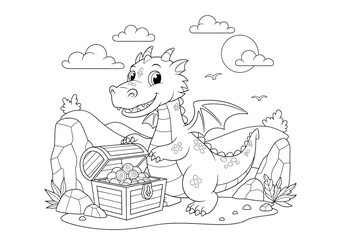 Cute cartoon dragon with a treasure chest, coloring page for kids, vector illustration of a friendly dragon character with gold coins, fantasy creature in a landscape with rocks and clouds © Hikari Vector Studio