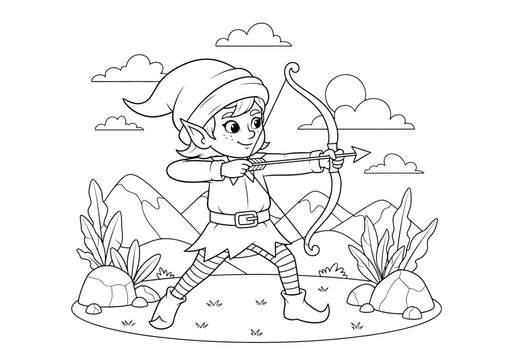 Cute elf archer aiming with a bow and arrow in a fantasy landscape with mountains and plants, black and white line art coloring page for kids