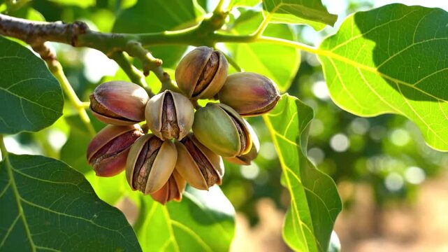 A cluster of ripe nuts hanging from a green tree branch in a sunny orchard setting