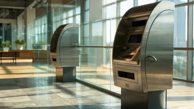 Medium shot of automated teller machine lobby with multiple ATMs in bright daylight main machine in sharp focus and background blurred for depth.