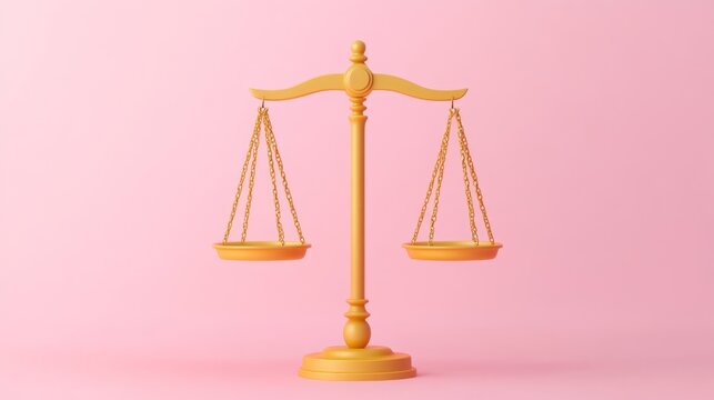 3d minimal cartoon-style balance scale in golden yellow, centered on soft pastel pink background, symbol of fairness and justice