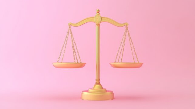 3d minimal cartoon-style balance scale in golden yellow, centered on soft pastel pink background, symbol of fairness and justice
