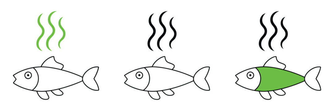 Set line dead fish icon isolated on white background, rotten fish symbol, simple line icon representing spoiled seafood and ecological danger