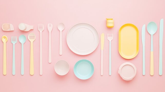 Minimalist portion control chart showing correct ratios using plates, measuring cups, and utensils, flat iconography with pastel colors