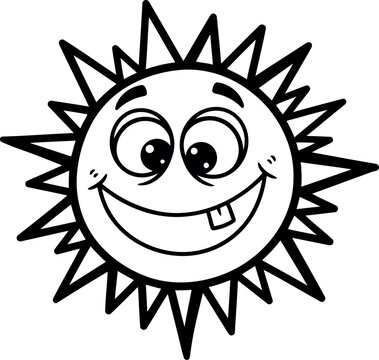 Cartoon sun character with a big smile and one missing tooth