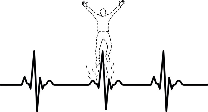 Energetic person jumping with arms raised above a heart monitor line