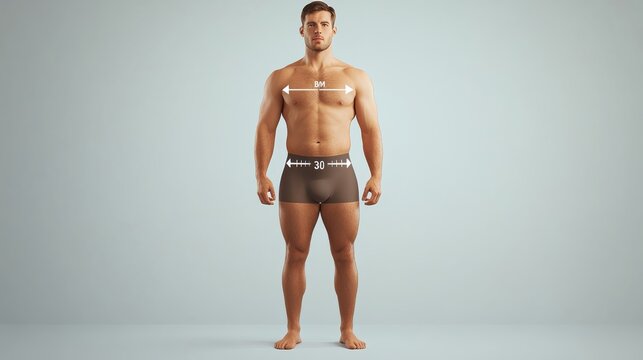Educational graphic of male body shape with arrows and BMI scale from thin to overweight, isolated for use in health materials