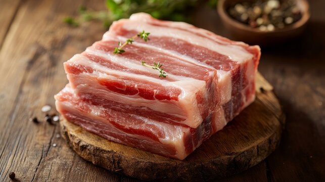 High-resolution image showing thick cuts of fresh pork belly with marbled fat, glossy raw texture, styled on rustic wood surface