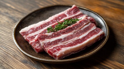 Fototapeta premium Raw meat preparation scene with pork belly slabs centered on plate, woodgrain table surface, emphasizing freshness and detail