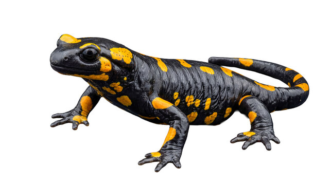 Vibrant fire salamander (Salamandra salamandra) captured in a striking side profile.