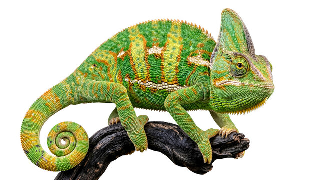 Captivating photograph of a colorful Veiled Chameleon perched on a branch, isolated on a transparent background.