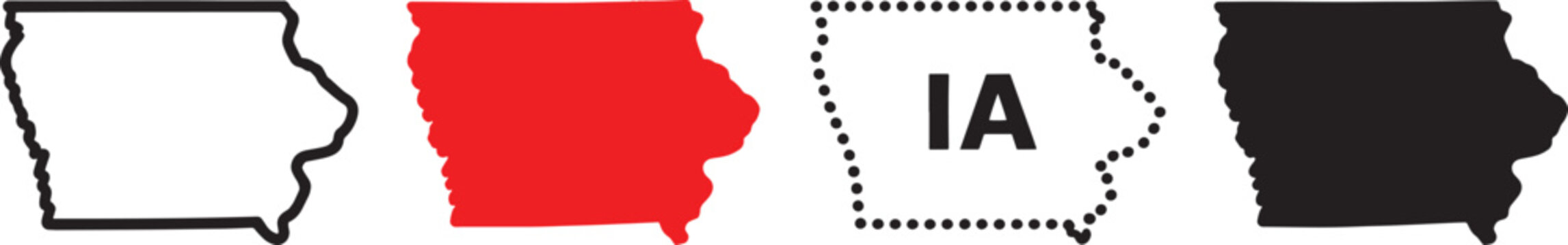 Four distinct representations of the state of Iowa including outline black white red and dotted border with text IA