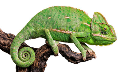 Vibrant green veiled chameleon, Chamaeleo calyptratus, on gnarled branch, isolated on a transparent background. © Chris