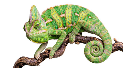 Obraz premium A green veiled chameleon, Chamaeleo calyptratus, looking forward, isolated on a transparent background.