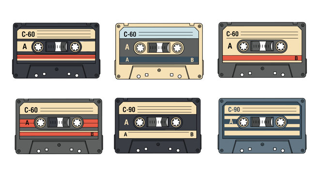 Set of six vintage audio cassette tapes in various colors and designs representing classic music technology from the past.