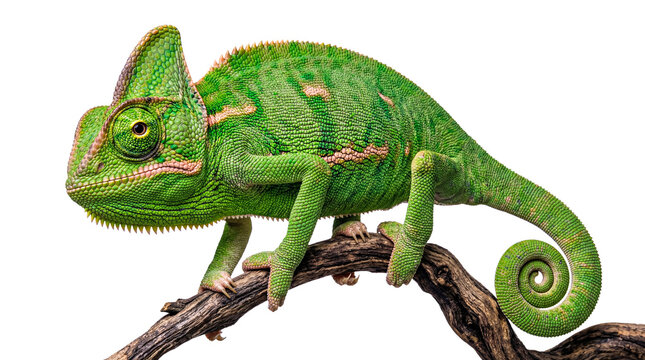 A green veiled chameleon, Chamaeleo calyptratus, on a branch, looking forward, transparent background.