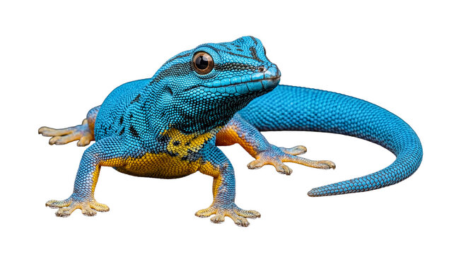 Striking blue and yellow gecko, likely Lygodactylus williamsi, isolated on a transparent background.