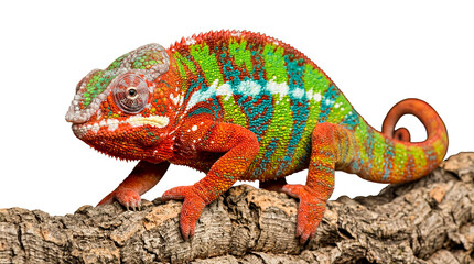 Detailed photograph of a vibrant colorful Panther chameleon on a wooden branch, looking forward. © Chris