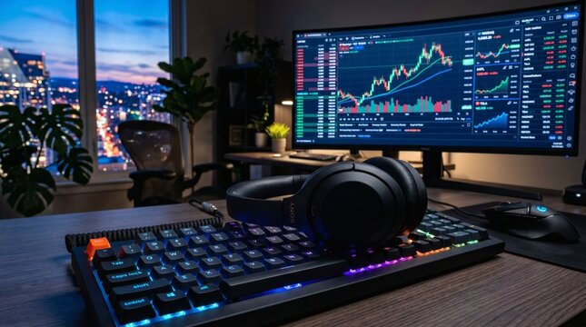 Stock market trading station with headphones and city view night.