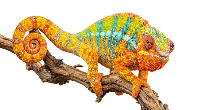 Stunning vibrant panther chameleon looking forward, showcasing beautiful natural patterns on a branch.