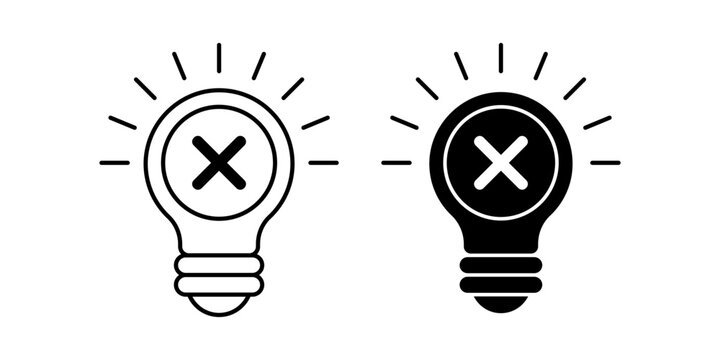 Light bulb icon with cross mark symbol representing error failure and incorrect idea concept illustration