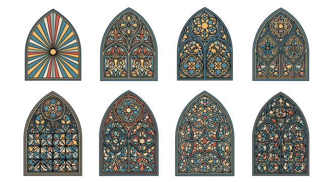 Collection of eight gothic-style stained glass windows featuring various intricate geometric and floral patterns in muted colors.