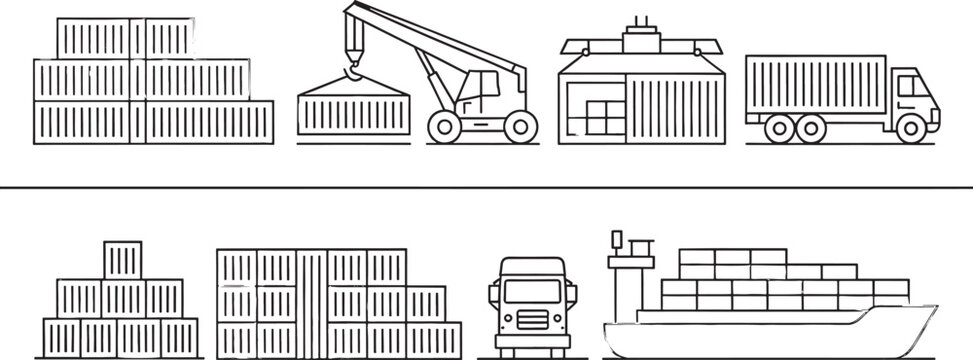 Line Depicting Shipping and Logistics with Containers Trucks Cranes Ships and Cargo Handling Equipment