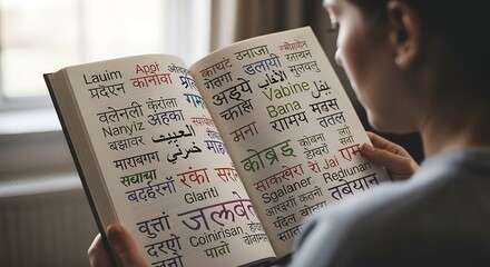 Naklejka premium A person reading a book filled with many different foreign languages and scripts.