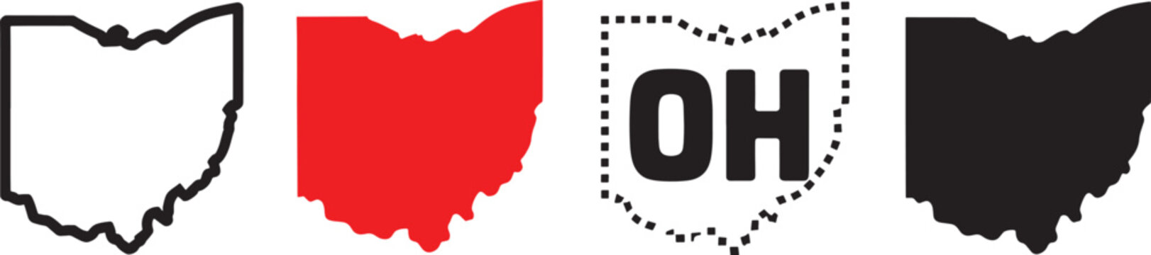 Ohio State Outline Variations Including Solid Red Black and Dotted Outline with OH Initials on White Background
